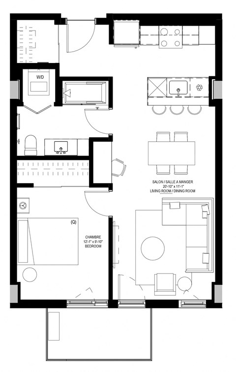 Floor plan for 1 bed, 1 bath, 683 sqft